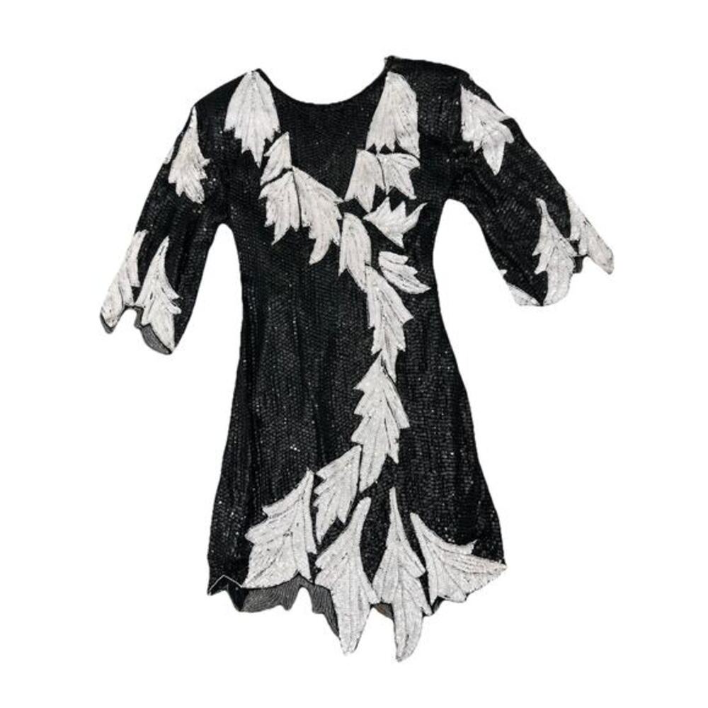Vintage Swee Lo Dress Black White Sequins 100% Silk Petal Hem Women’s Size Small
